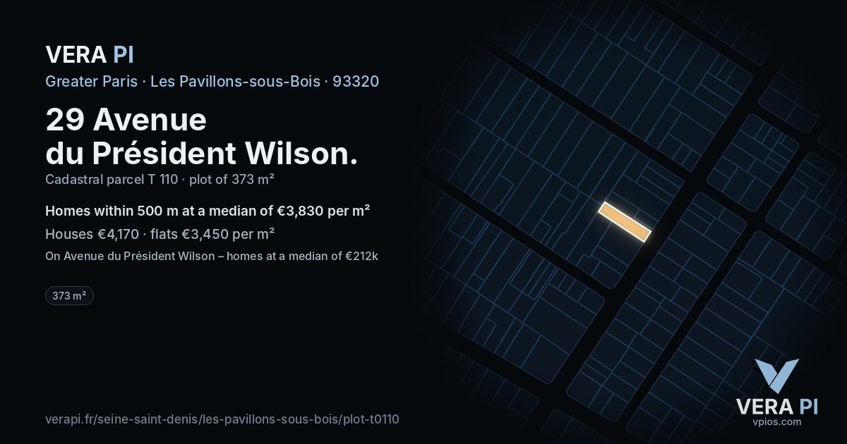 29 Avenue du Président Wilson, Les Pavillons-sous-Bois at night – the plot lit, the parcels around coloured by the prices near them