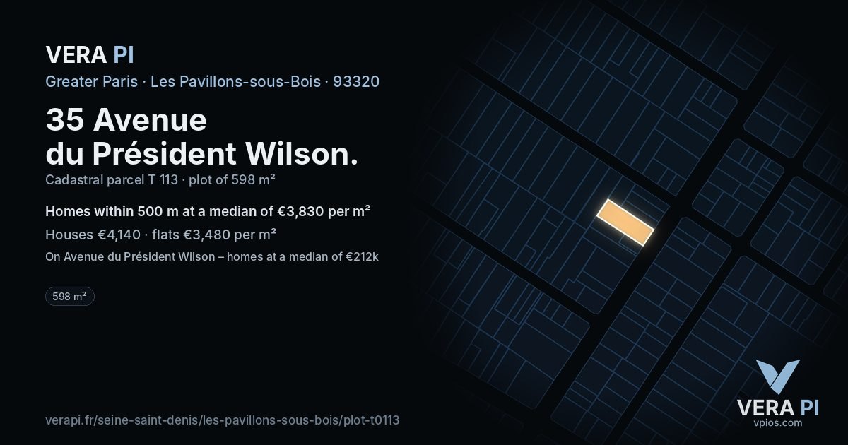 35 Avenue du Président Wilson, Les Pavillons-sous-Bois at night – the plot lit, the parcels around coloured by the prices near them
