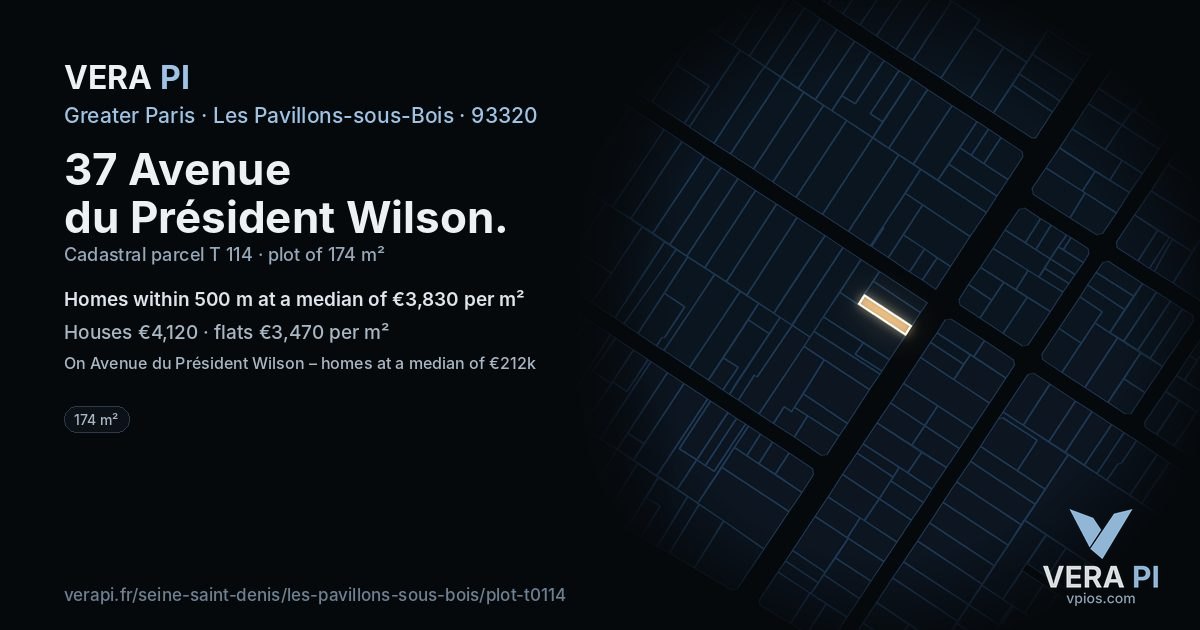 37 Avenue du Président Wilson, Les Pavillons-sous-Bois at night – the plot lit, the parcels around coloured by the prices near them