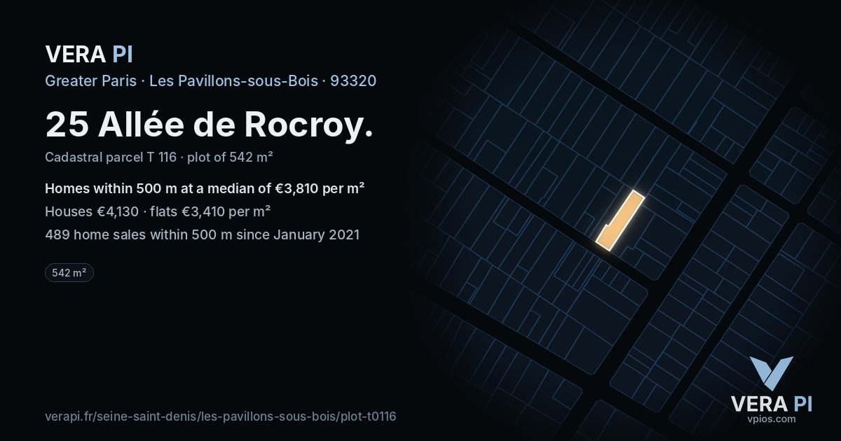 25 Allée de Rocroy, Les Pavillons-sous-Bois at night – the plot lit, the parcels around coloured by the prices near them