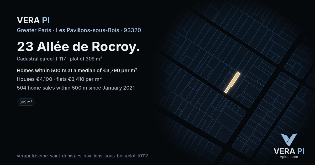 23 Allée de Rocroy, Les Pavillons-sous-Bois at night – the plot lit, the parcels around coloured by the prices near them