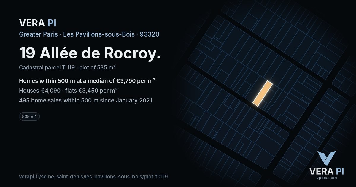 19 Allée de Rocroy, Les Pavillons-sous-Bois at night – the plot lit, the parcels around coloured by the prices near them