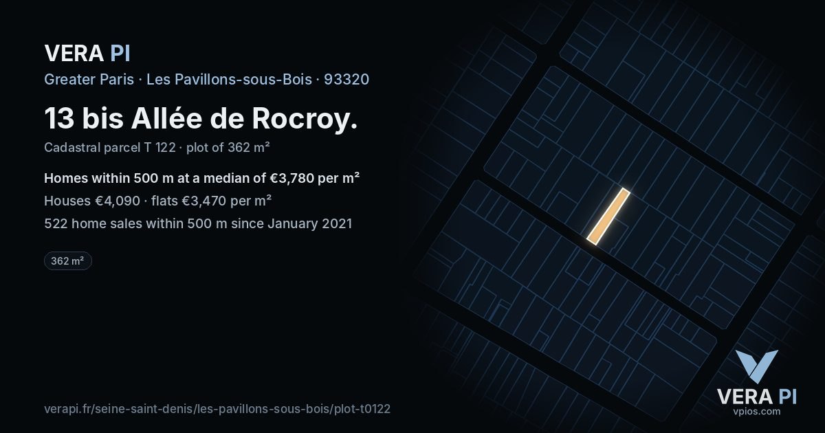 13 bis Allée de Rocroy, Les Pavillons-sous-Bois at night – the plot lit, the parcels around coloured by the prices near them