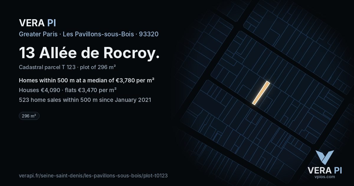 13 Allée de Rocroy, Les Pavillons-sous-Bois at night – the plot lit, the parcels around coloured by the prices near them