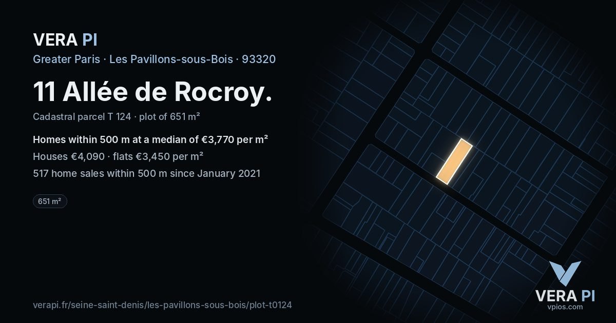 11 Allée de Rocroy, Les Pavillons-sous-Bois at night – the plot lit, the parcels around coloured by the prices near them