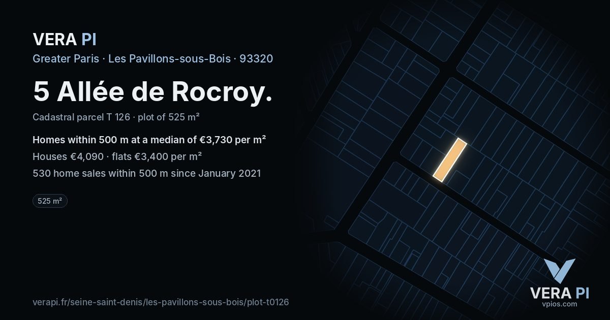 5 Allée de Rocroy, Les Pavillons-sous-Bois at night – the plot lit, the parcels around coloured by the prices near them
