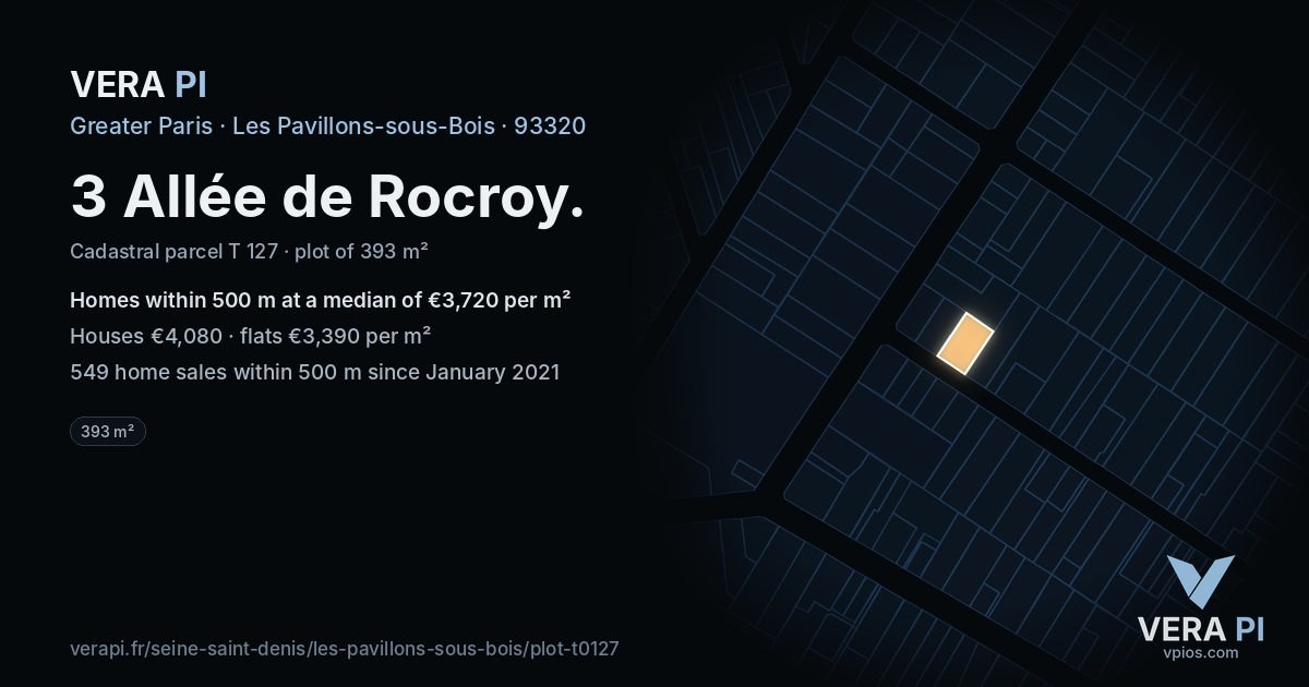 3 Allée de Rocroy, Les Pavillons-sous-Bois at night – the plot lit, the parcels around coloured by the prices near them