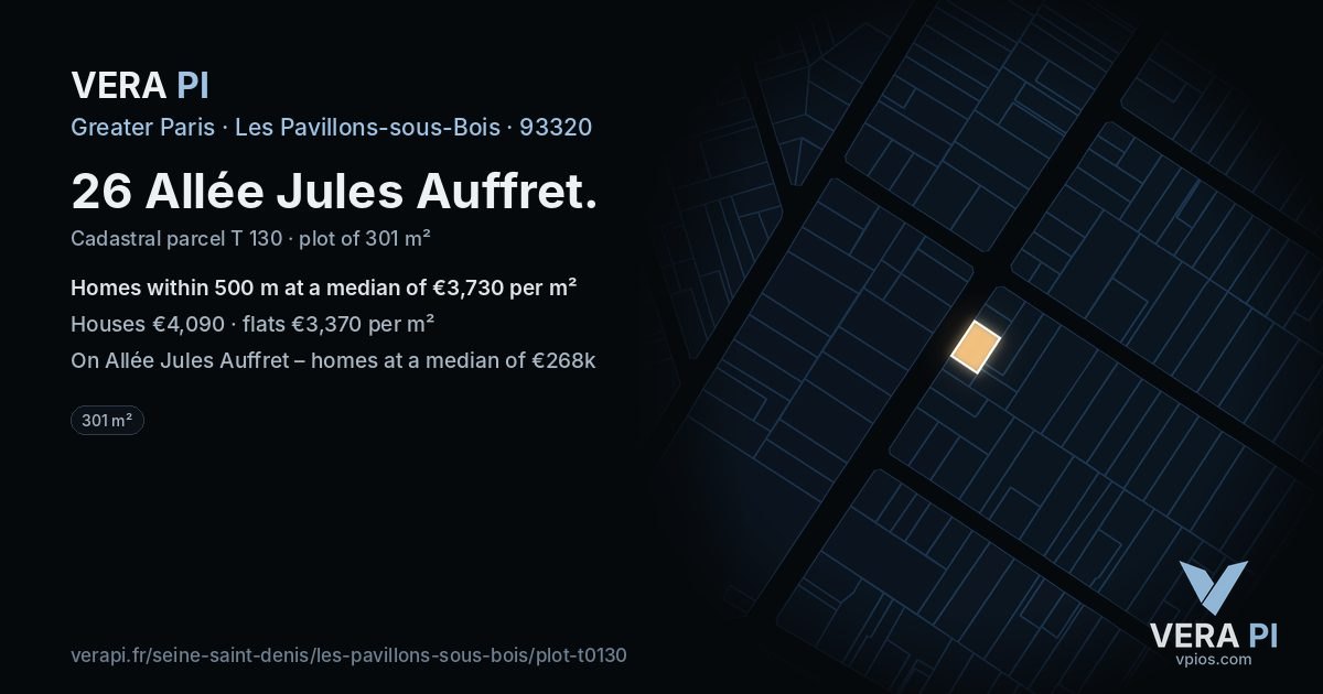 26 Allée Jules Auffret, Les Pavillons-sous-Bois at night – the plot lit, the parcels around coloured by the prices near them