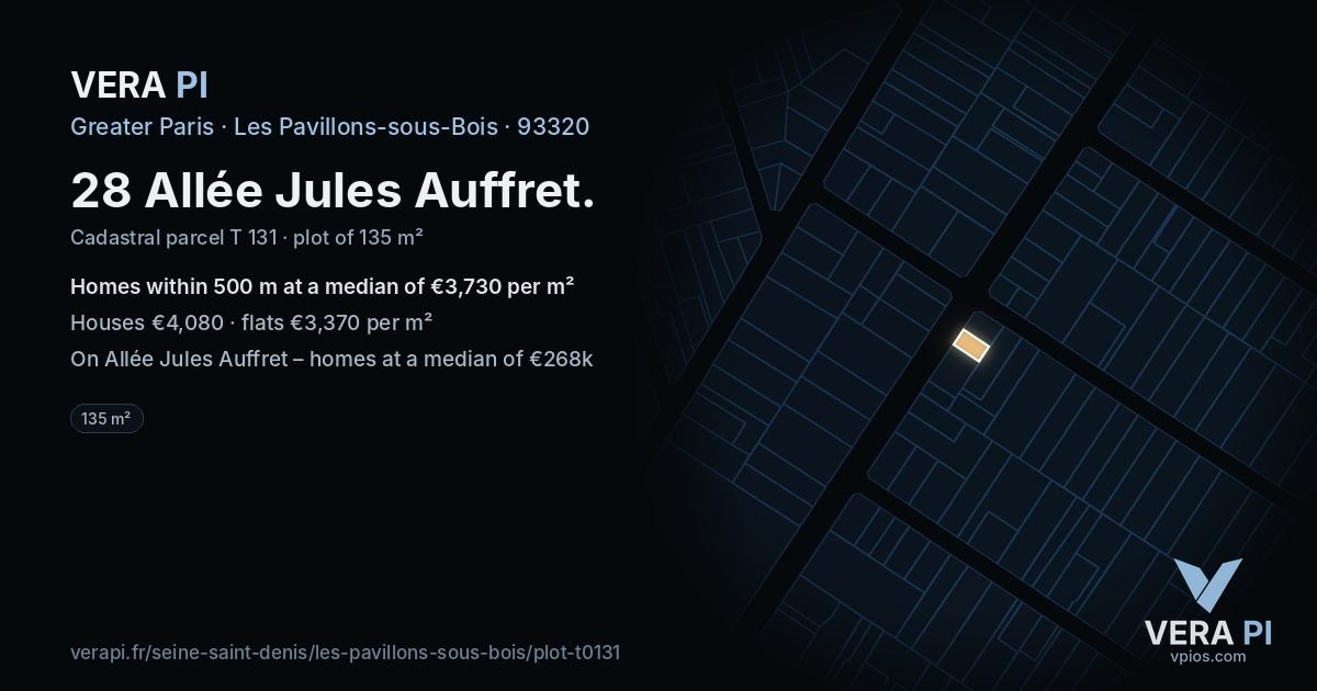 28 Allée Jules Auffret, Les Pavillons-sous-Bois at night – the plot lit, the parcels around coloured by the prices near them