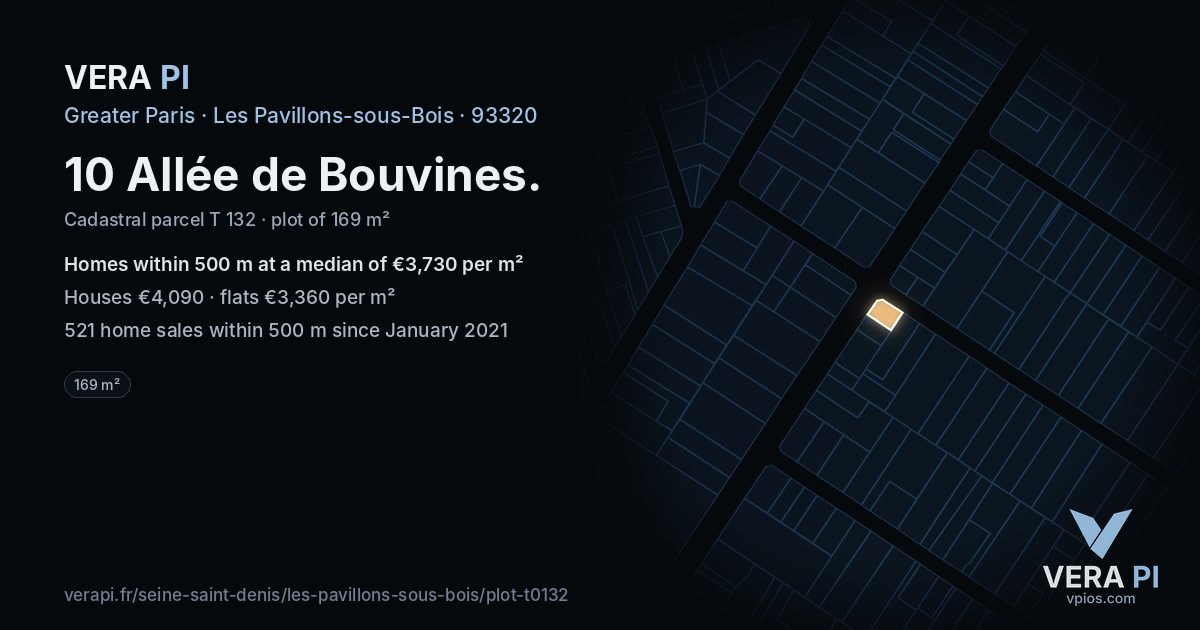 10 Allée de Bouvines, Les Pavillons-sous-Bois at night – the plot lit, the parcels around coloured by the prices near them