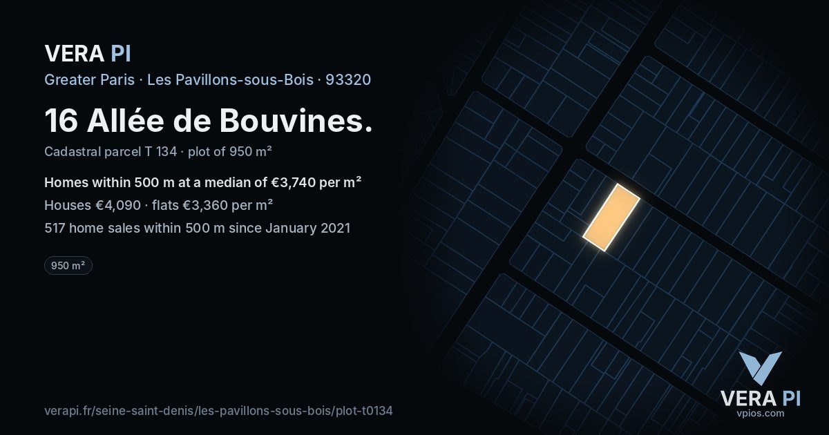 16 Allée de Bouvines, Les Pavillons-sous-Bois at night – the plot lit, the parcels around coloured by the prices near them