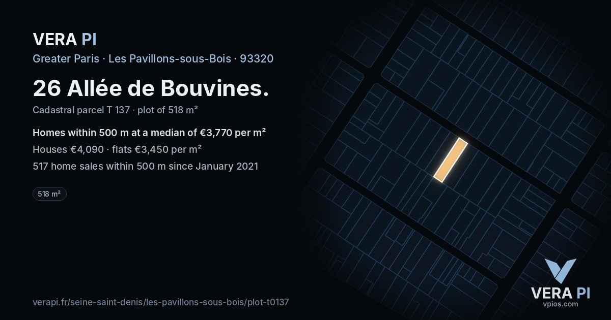 26 Allée de Bouvines, Les Pavillons-sous-Bois at night – the plot lit, the parcels around coloured by the prices near them