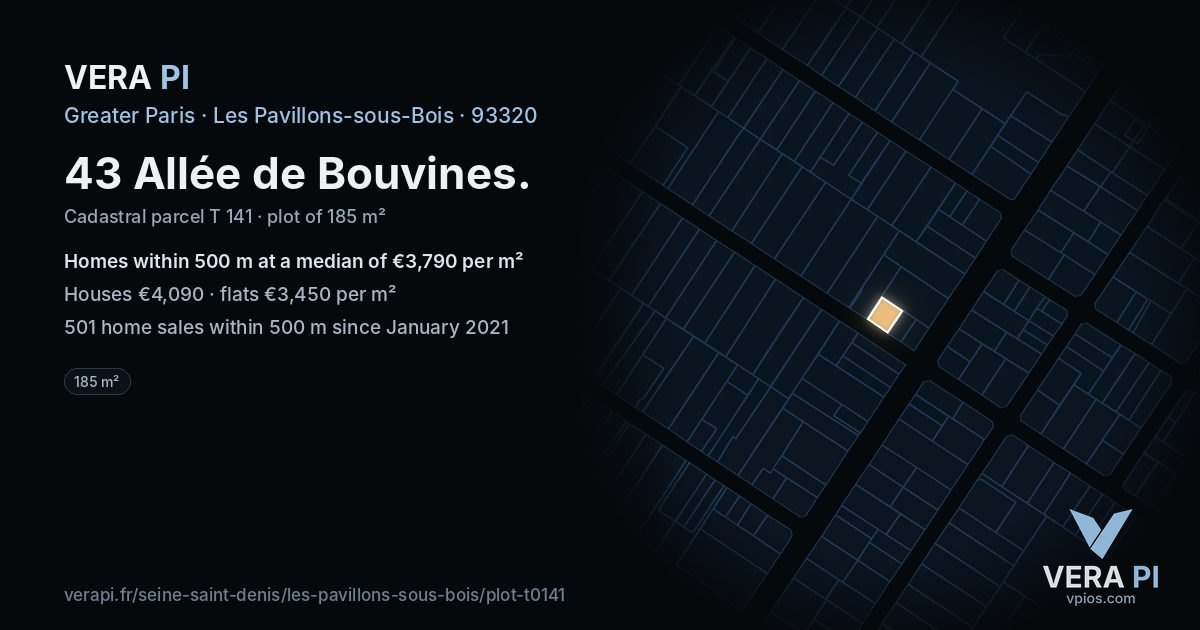 43 Allée de Bouvines, Les Pavillons-sous-Bois at night – the plot lit, the parcels around coloured by the prices near them
