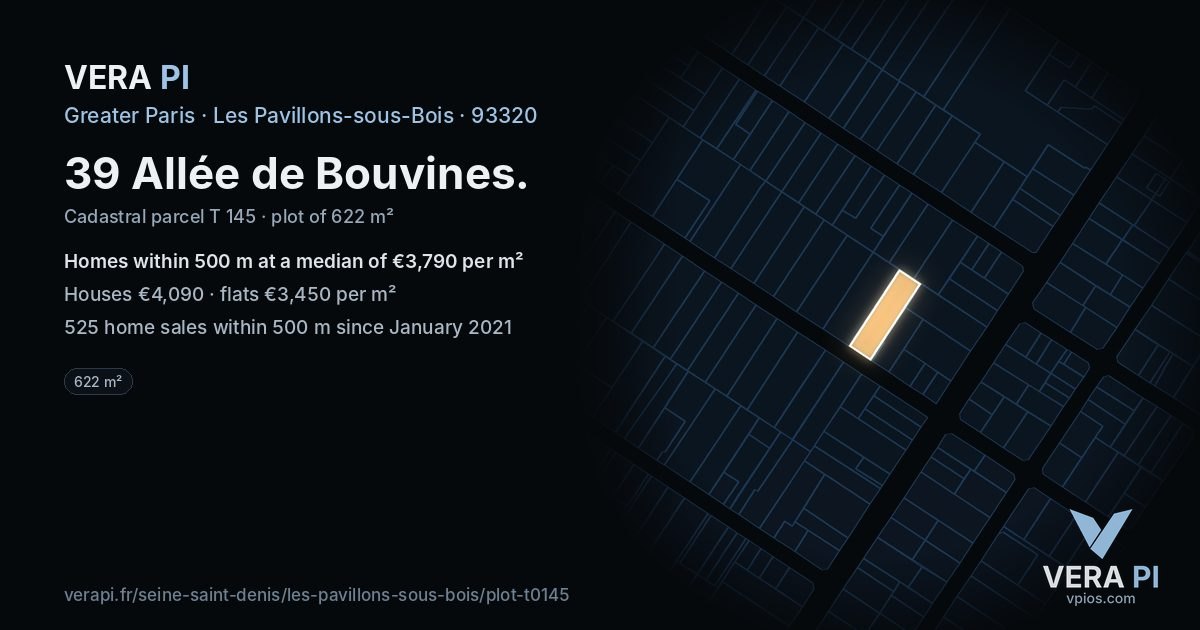 39 Allée de Bouvines, Les Pavillons-sous-Bois at night – the plot lit, the parcels around coloured by the prices near them