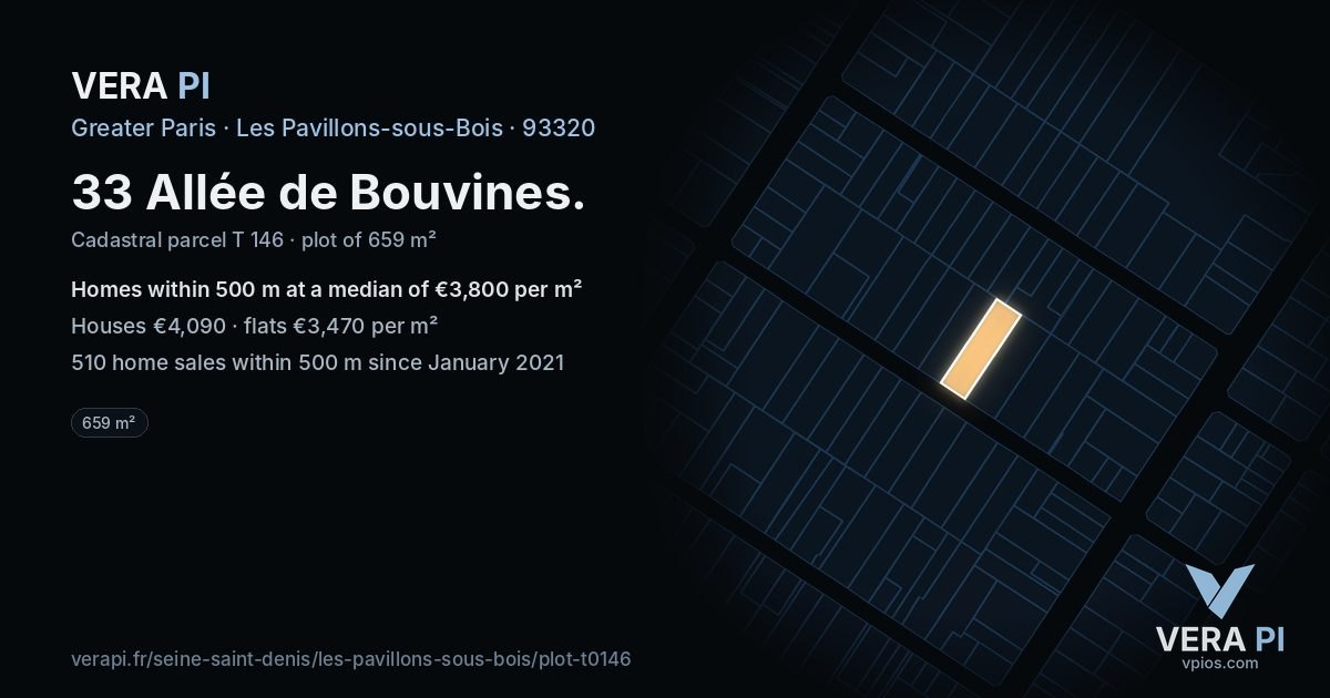 33 Allée de Bouvines, Les Pavillons-sous-Bois at night – the plot lit, the parcels around coloured by the prices near them