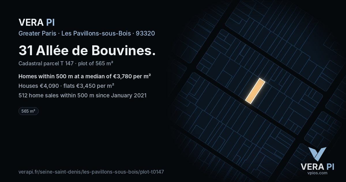 31 Allée de Bouvines, Les Pavillons-sous-Bois at night – the plot lit, the parcels around coloured by the prices near them