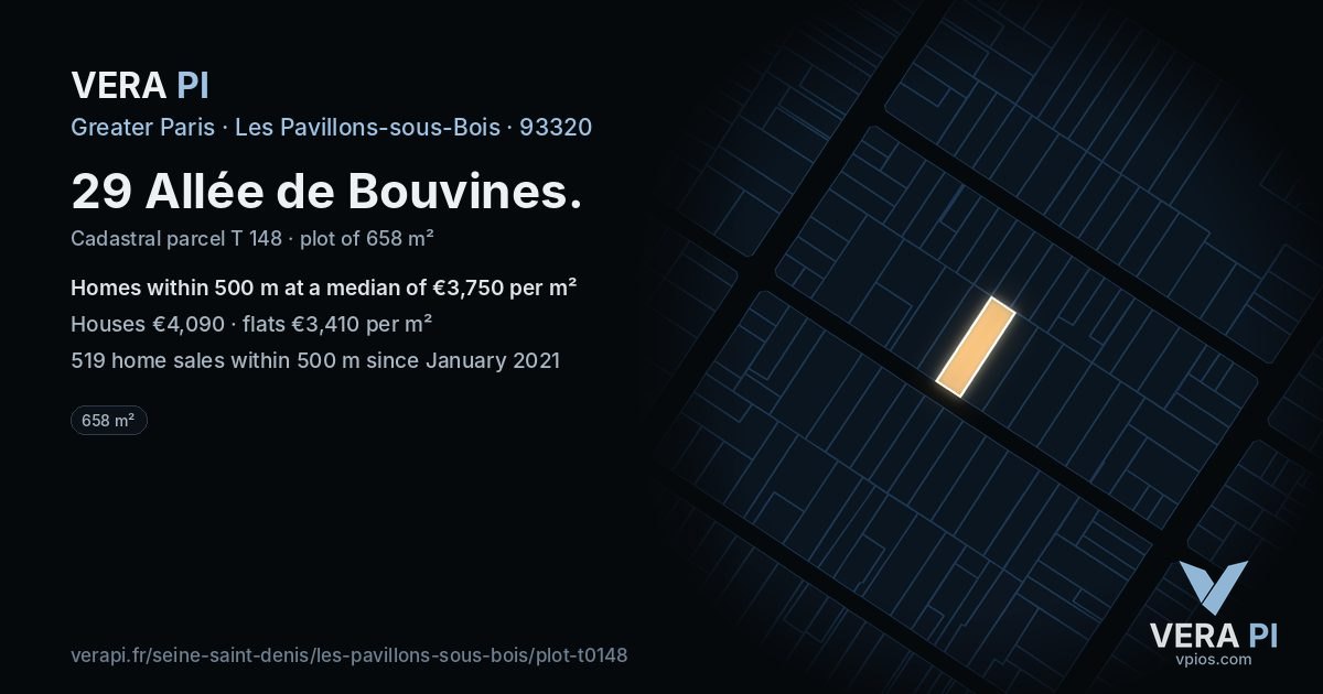 29 Allée de Bouvines, Les Pavillons-sous-Bois at night – the plot lit, the parcels around coloured by the prices near them