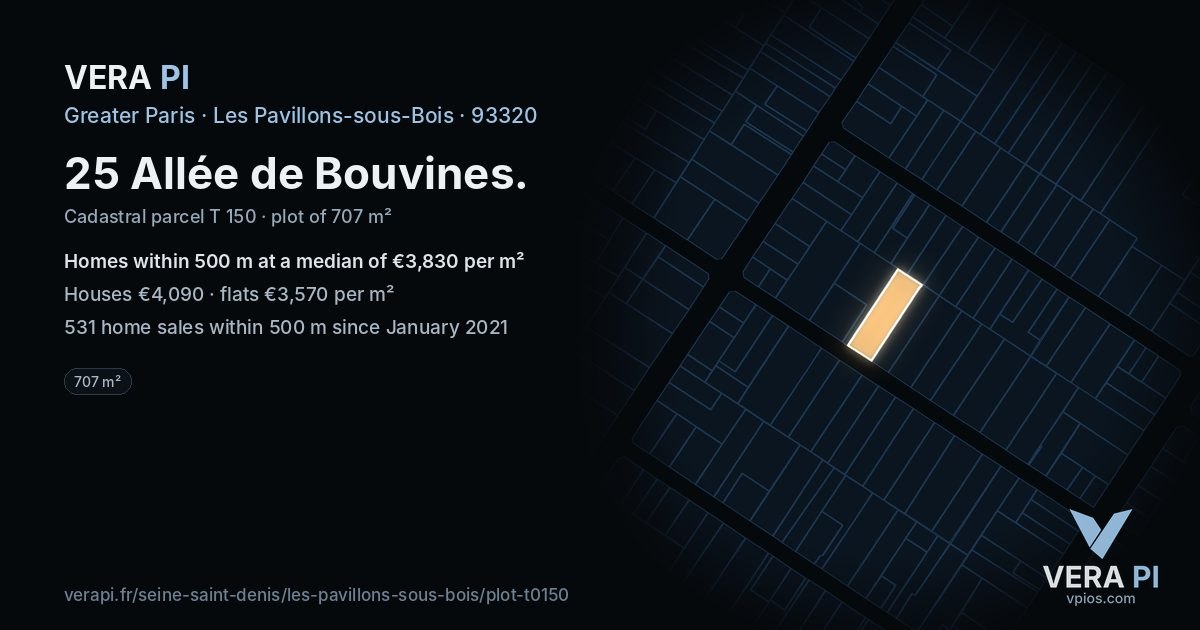 25 Allée de Bouvines, Les Pavillons-sous-Bois at night – the plot lit, the parcels around coloured by the prices near them