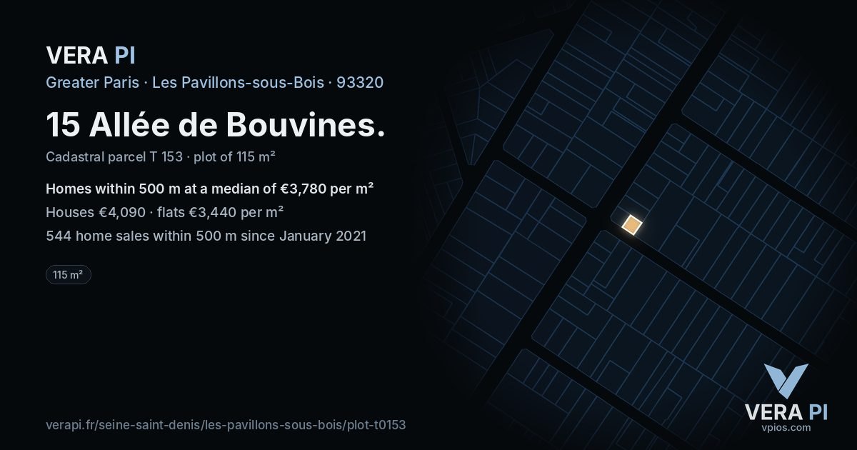 15 Allée de Bouvines, Les Pavillons-sous-Bois at night – the plot lit, the parcels around coloured by the prices near them