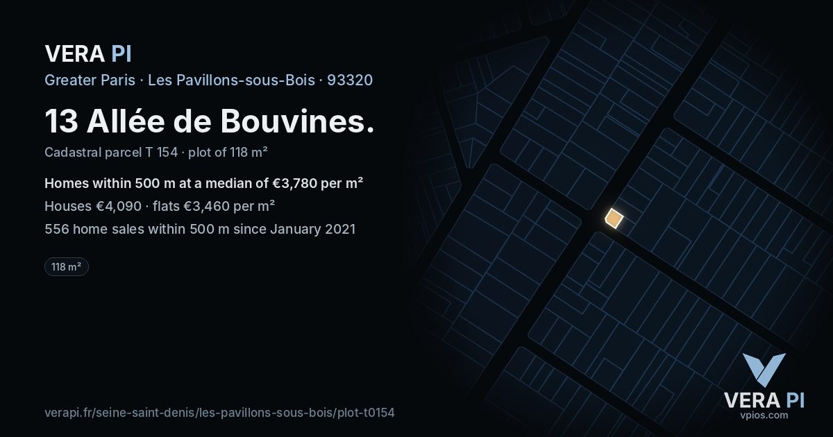13 Allée de Bouvines, Les Pavillons-sous-Bois at night – the plot lit, the parcels around coloured by the prices near them