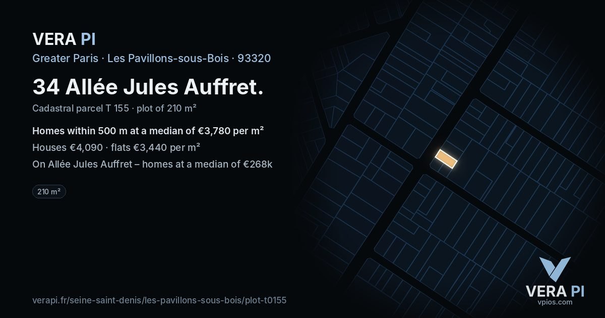 34 Allée Jules Auffret, Les Pavillons-sous-Bois at night – the plot lit, the parcels around coloured by the prices near them