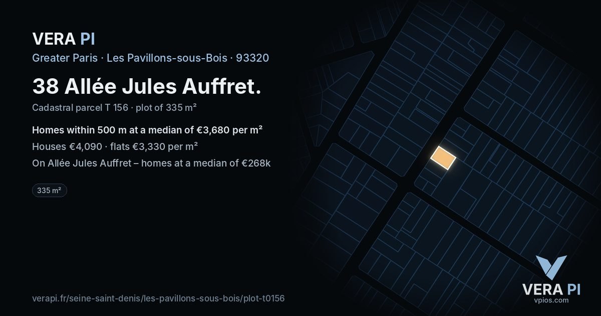 38 Allée Jules Auffret, Les Pavillons-sous-Bois at night – the plot lit, the parcels around coloured by the prices near them