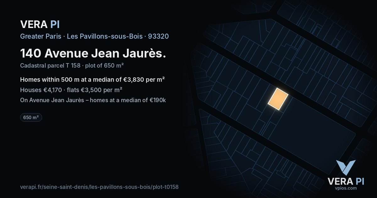 140 Avenue Jean Jaurès, Les Pavillons-sous-Bois at night – the plot lit, the parcels around coloured by the prices near them