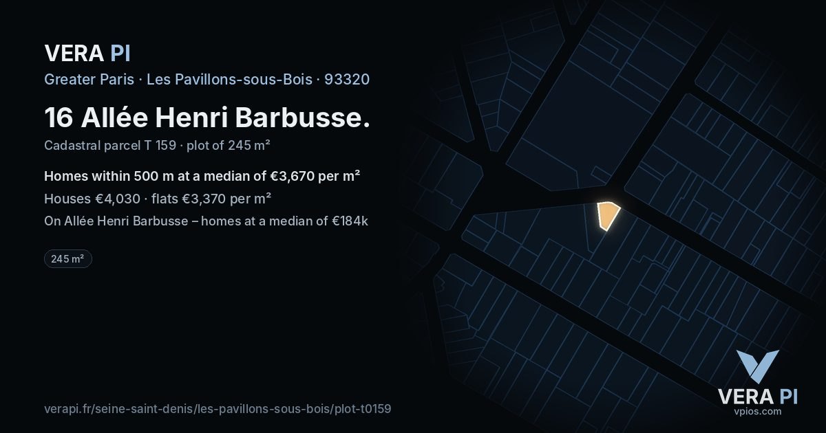 16 Allée Henri Barbusse, Les Pavillons-sous-Bois at night – the plot lit, the parcels around coloured by the prices near them