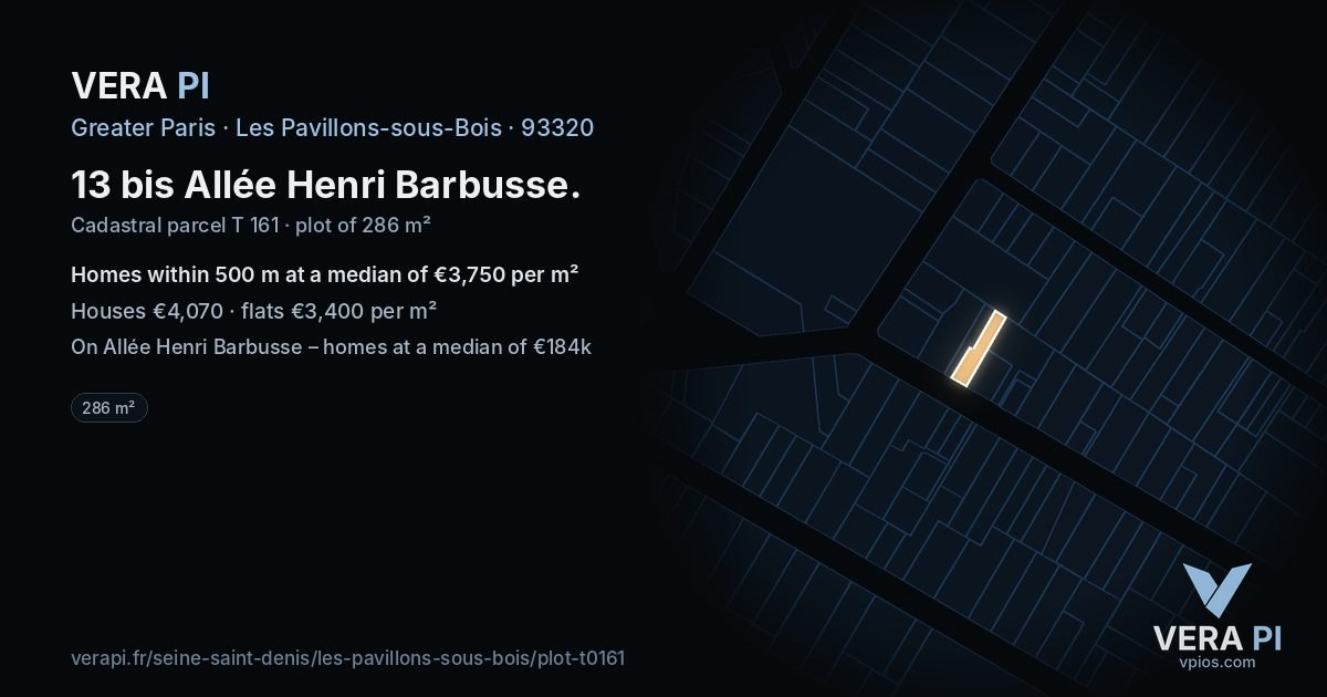 13 bis Allée Henri Barbusse, Les Pavillons-sous-Bois at night – the plot lit, the parcels around coloured by the prices near them