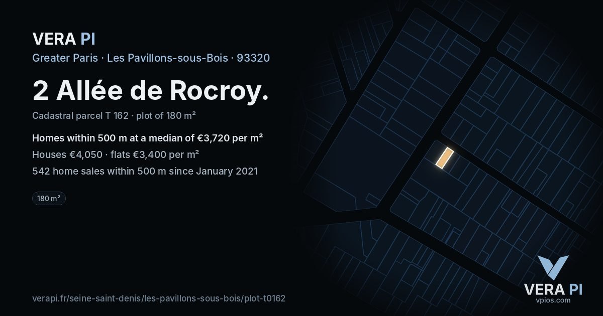 2 Allée de Rocroy, Les Pavillons-sous-Bois at night – the plot lit, the parcels around coloured by the prices near them