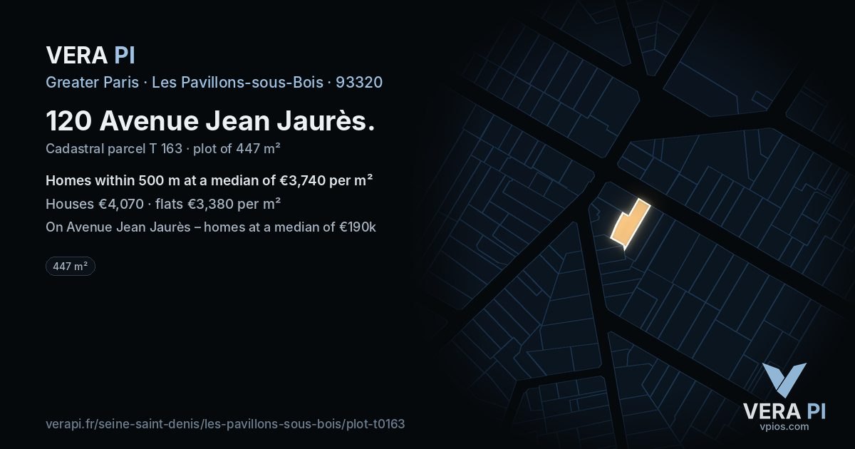 120 Avenue Jean Jaurès, Les Pavillons-sous-Bois at night – the plot lit, the parcels around coloured by the prices near them