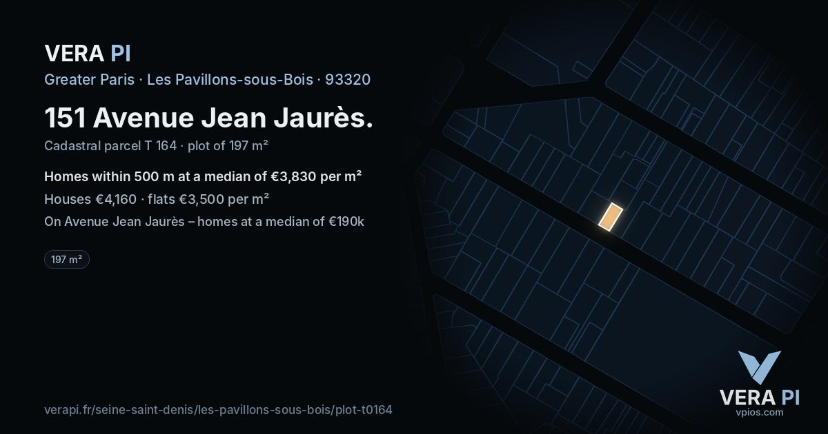 151 Avenue Jean Jaurès, Les Pavillons-sous-Bois at night – the plot lit, the parcels around coloured by the prices near them
