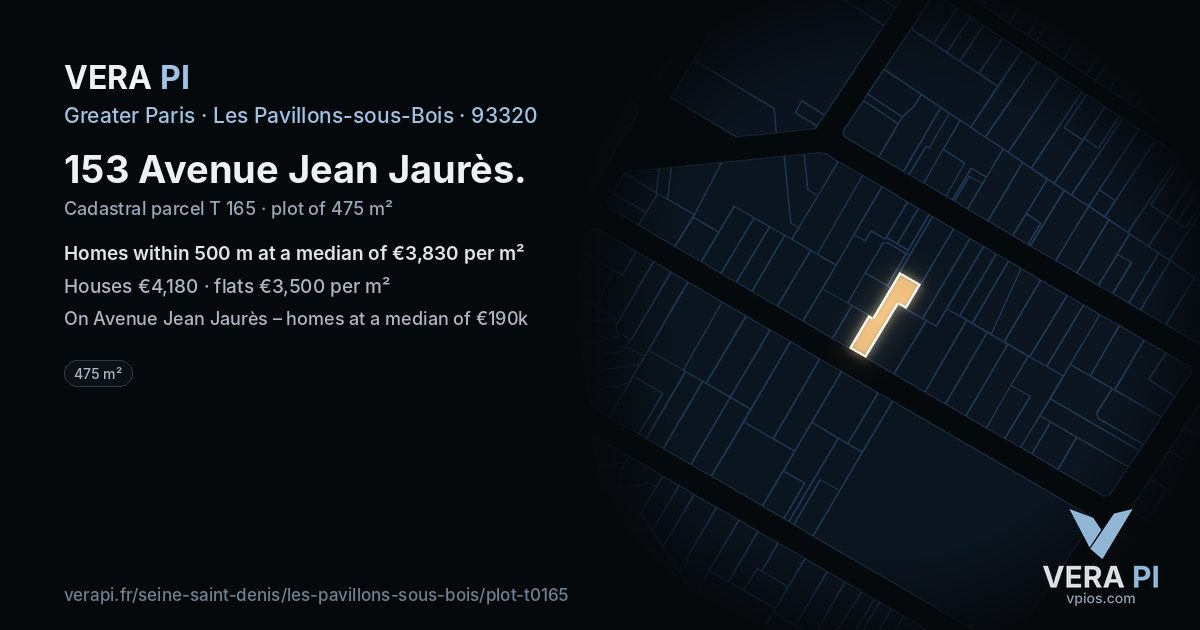153 Avenue Jean Jaurès, Les Pavillons-sous-Bois at night – the plot lit, the parcels around coloured by the prices near them