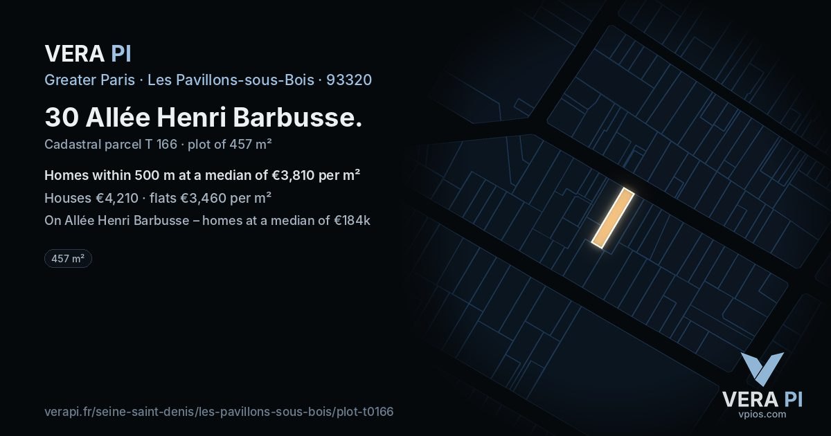 30 Allée Henri Barbusse, Les Pavillons-sous-Bois at night – the plot lit, the parcels around coloured by the prices near them