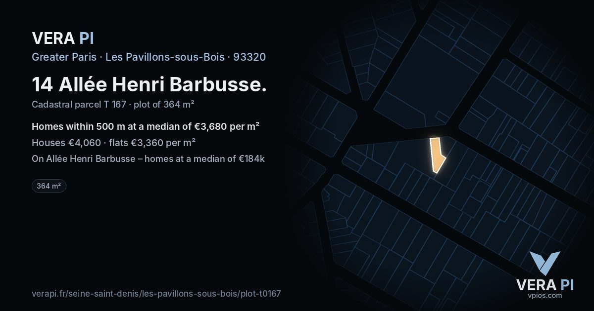 14 Allée Henri Barbusse, Les Pavillons-sous-Bois at night – the plot lit, the parcels around coloured by the prices near them