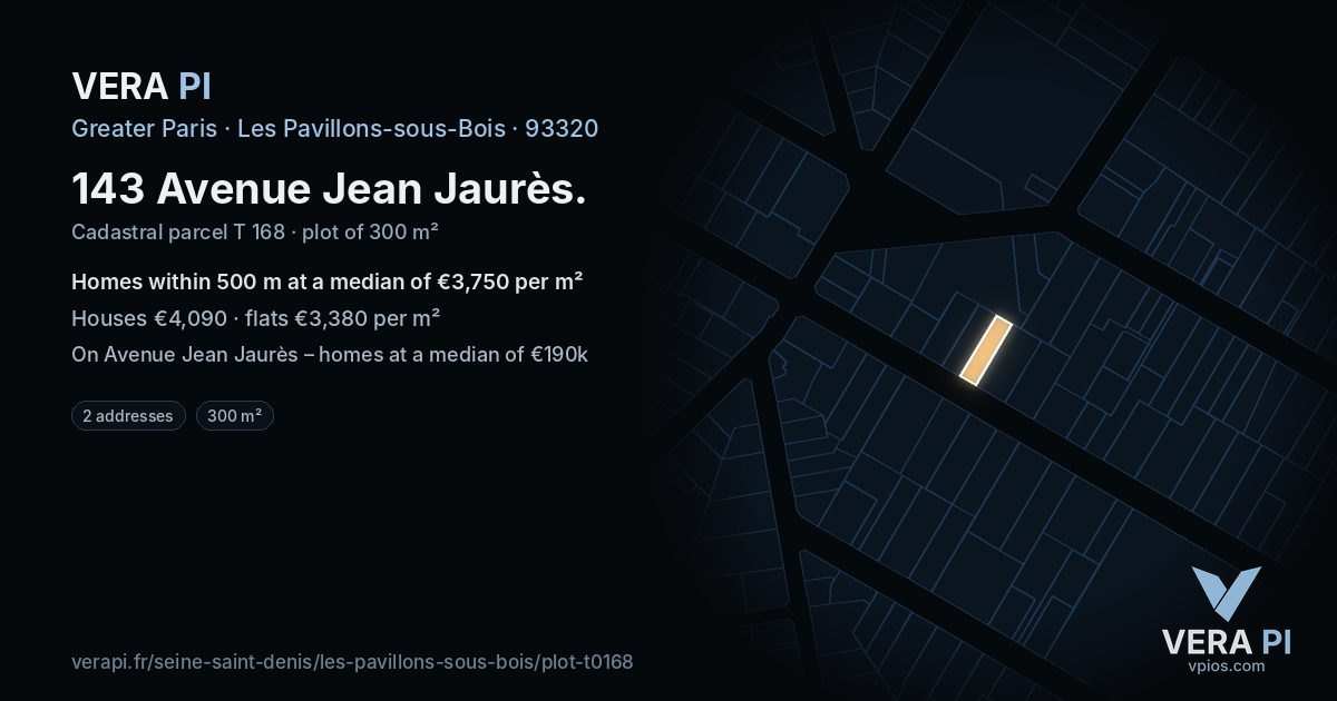 143 Avenue Jean Jaurès, Les Pavillons-sous-Bois at night – the plot lit, the parcels around coloured by the prices near them