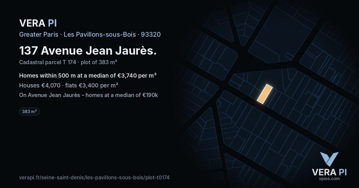137 Avenue Jean Jaurès, Les Pavillons-sous-Bois at night – the plot lit, the parcels around coloured by the prices near them