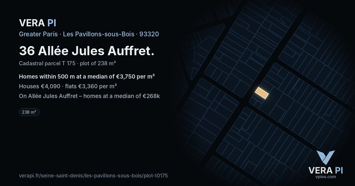 36 Allée Jules Auffret, Les Pavillons-sous-Bois at night – the plot lit, the parcels around coloured by the prices near them