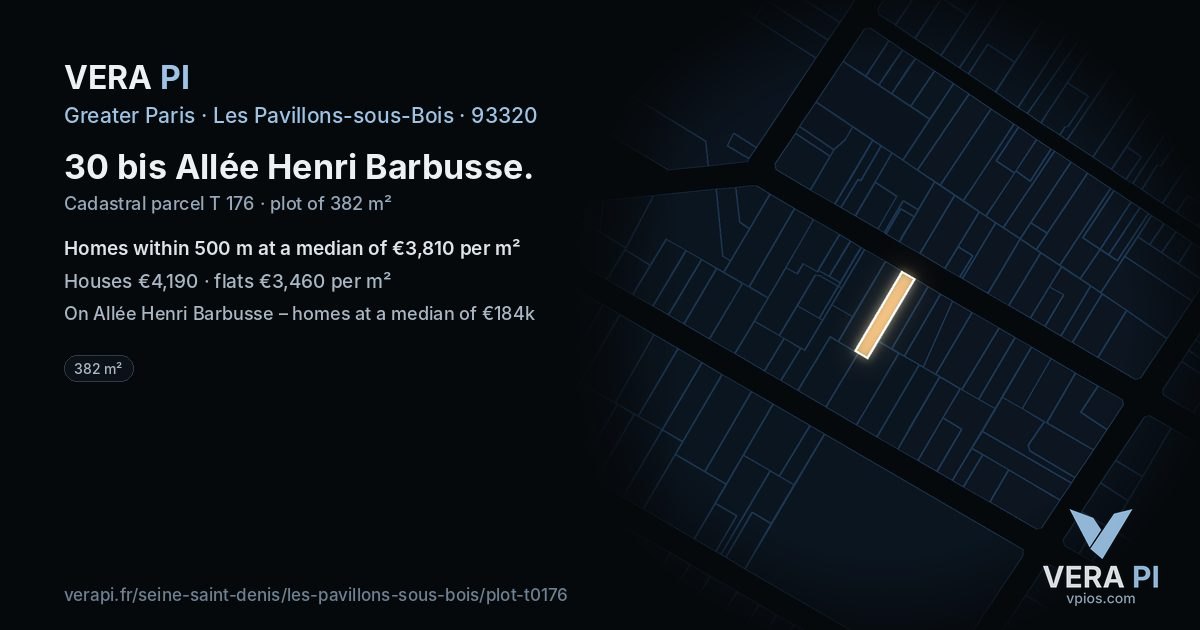 30 bis Allée Henri Barbusse, Les Pavillons-sous-Bois at night – the plot lit, the parcels around coloured by the prices near them