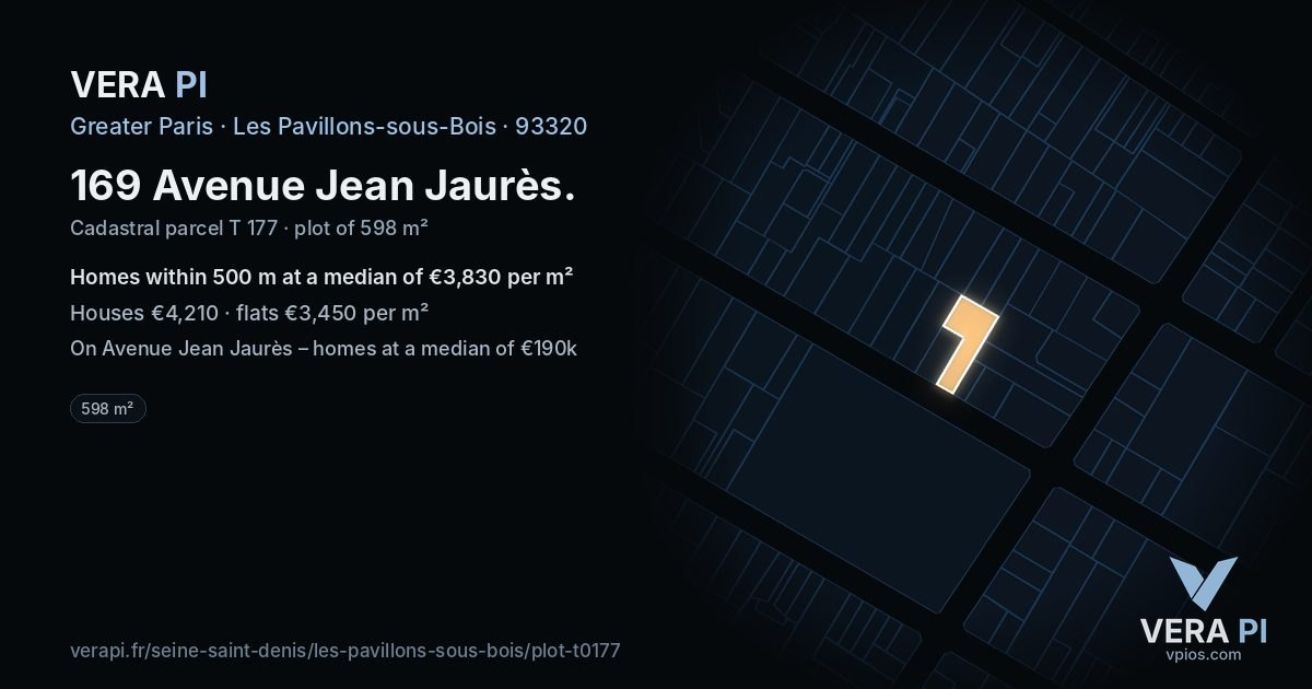 169 Avenue Jean Jaurès, Les Pavillons-sous-Bois at night – the plot lit, the parcels around coloured by the prices near them