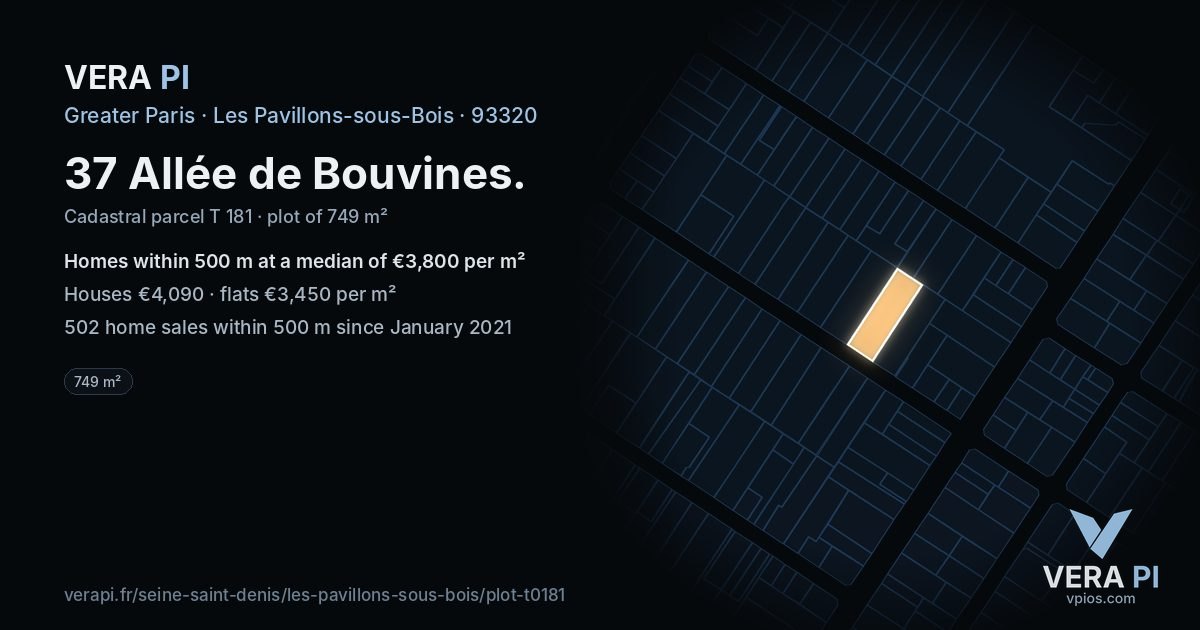37 Allée de Bouvines, Les Pavillons-sous-Bois at night – the plot lit, the parcels around coloured by the prices near them