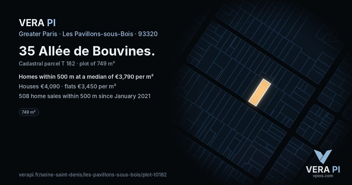 35 Allée de Bouvines, Les Pavillons-sous-Bois at night – the plot lit, the parcels around coloured by the prices near them