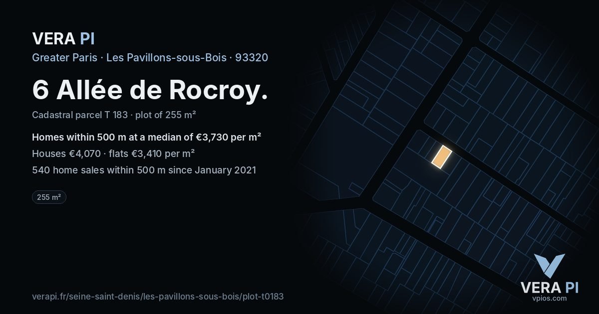 6 Allée de Rocroy, Les Pavillons-sous-Bois at night – the plot lit, the parcels around coloured by the prices near them
