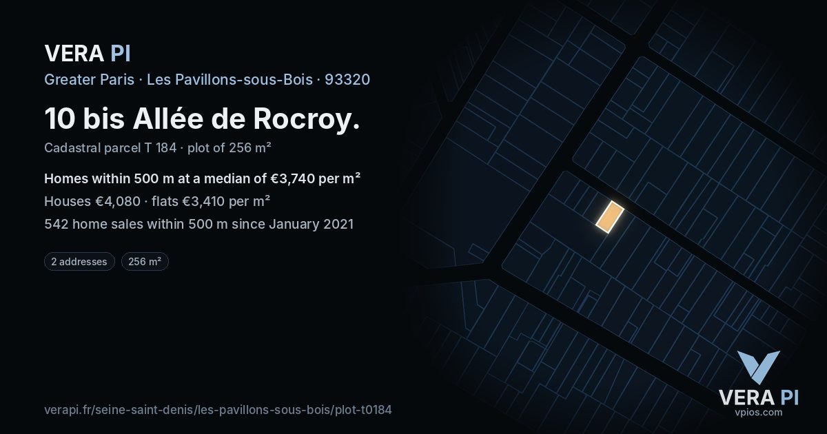 10 bis Allée de Rocroy, Les Pavillons-sous-Bois at night – the plot lit, the parcels around coloured by the prices near them