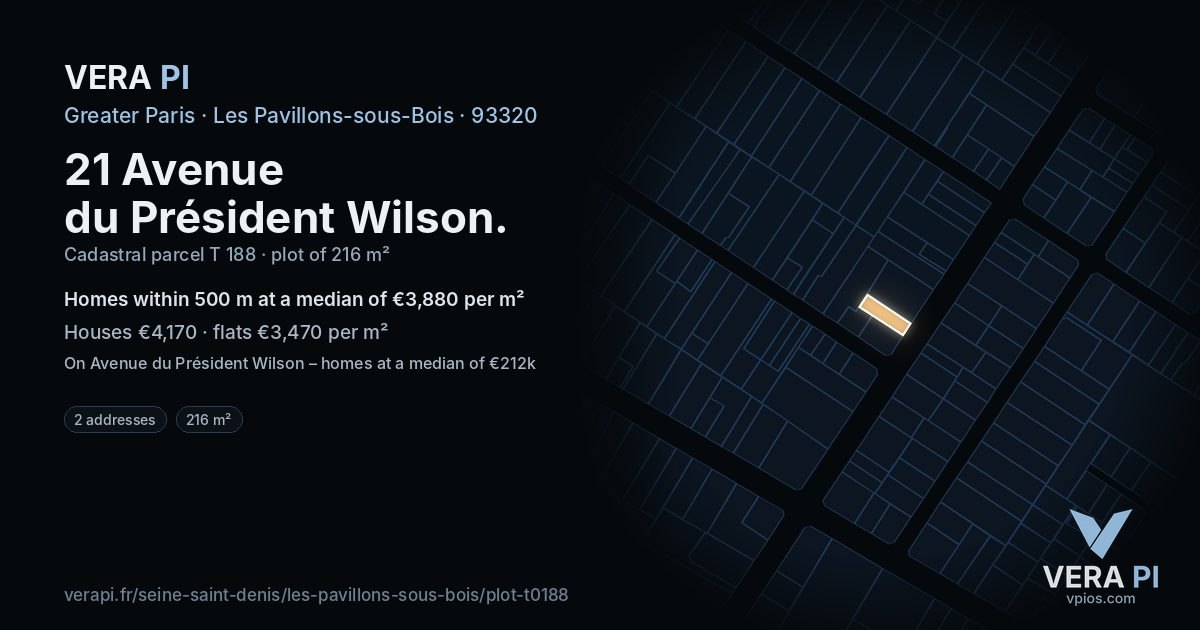 21 Avenue du Président Wilson, Les Pavillons-sous-Bois at night – the plot lit, the parcels around coloured by the prices near them
