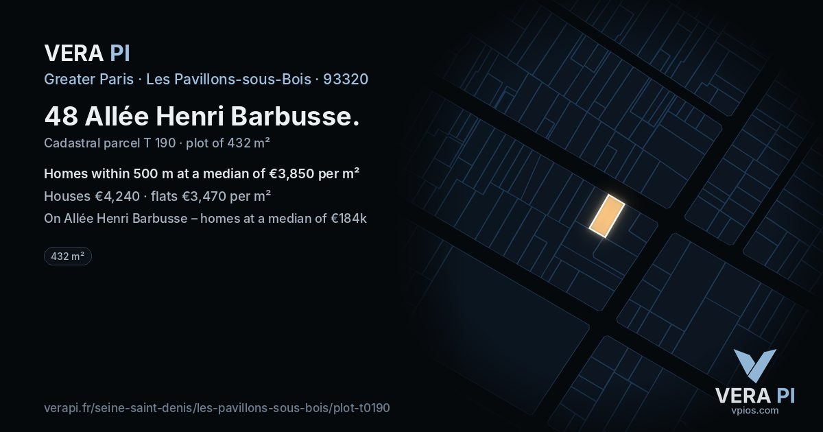 48 Allée Henri Barbusse, Les Pavillons-sous-Bois at night – the plot lit, the parcels around coloured by the prices near them
