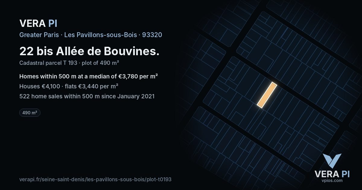 22 bis Allée de Bouvines, Les Pavillons-sous-Bois at night – the plot lit, the parcels around coloured by the prices near them