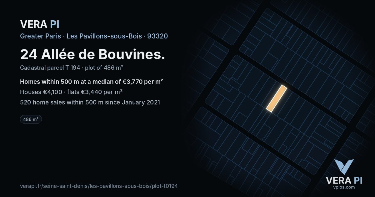 24 Allée de Bouvines, Les Pavillons-sous-Bois at night – the plot lit, the parcels around coloured by the prices near them