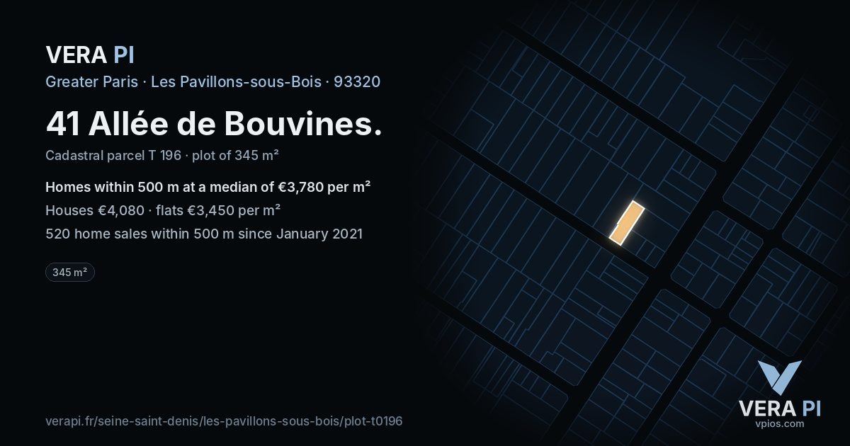 41 Allée de Bouvines, Les Pavillons-sous-Bois at night – the plot lit, the parcels around coloured by the prices near them