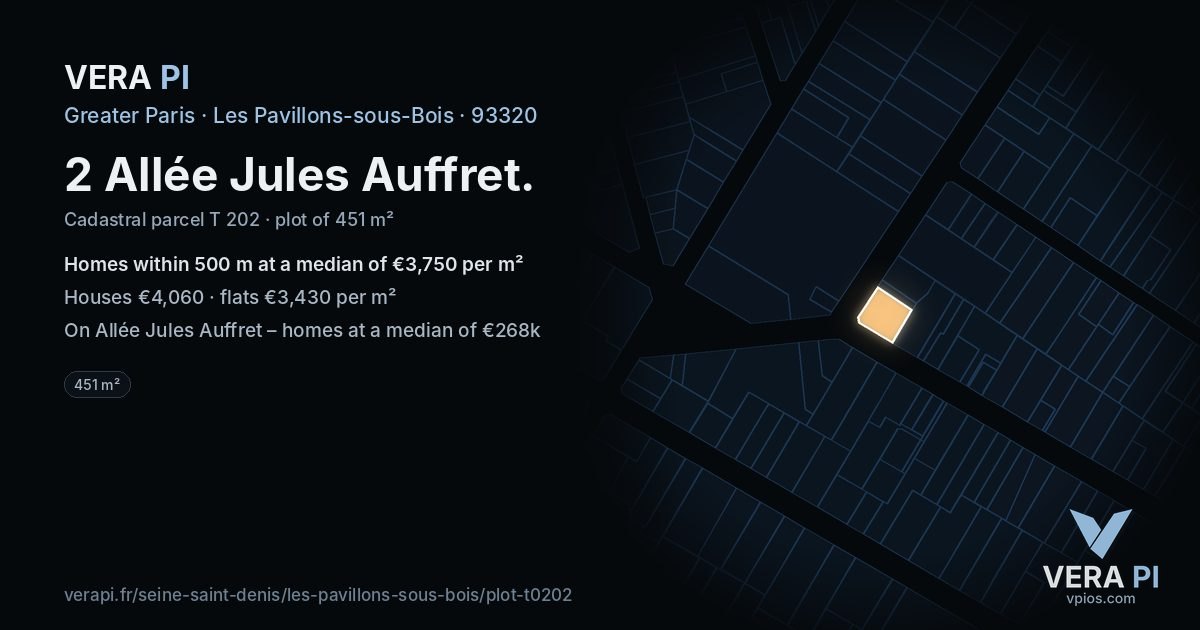 2 Allée Jules Auffret, Les Pavillons-sous-Bois at night – the plot lit, the parcels around coloured by the prices near them